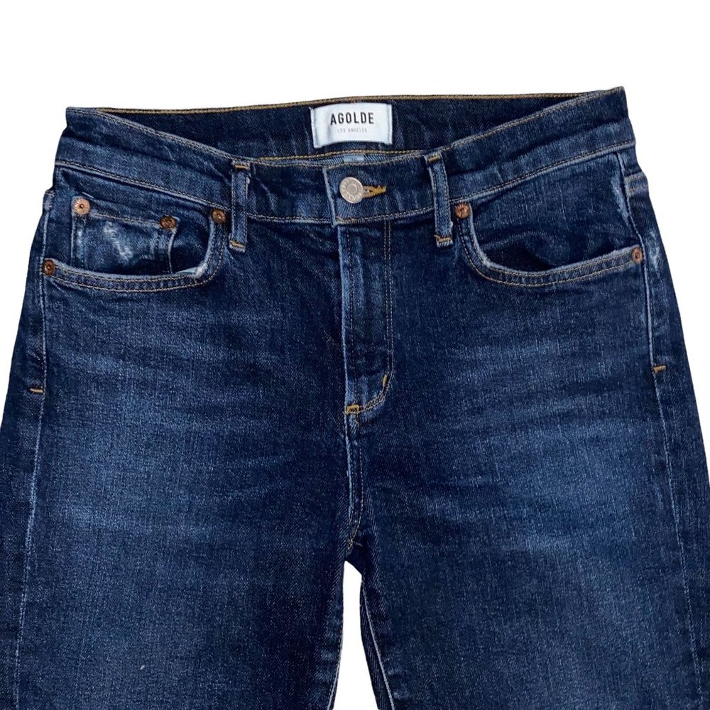 AGOLDE Sophie Dark Blue Wash Denim High Rise Raw Hem Crop Skinny Jeans Size 26 - Picture 2 of 11